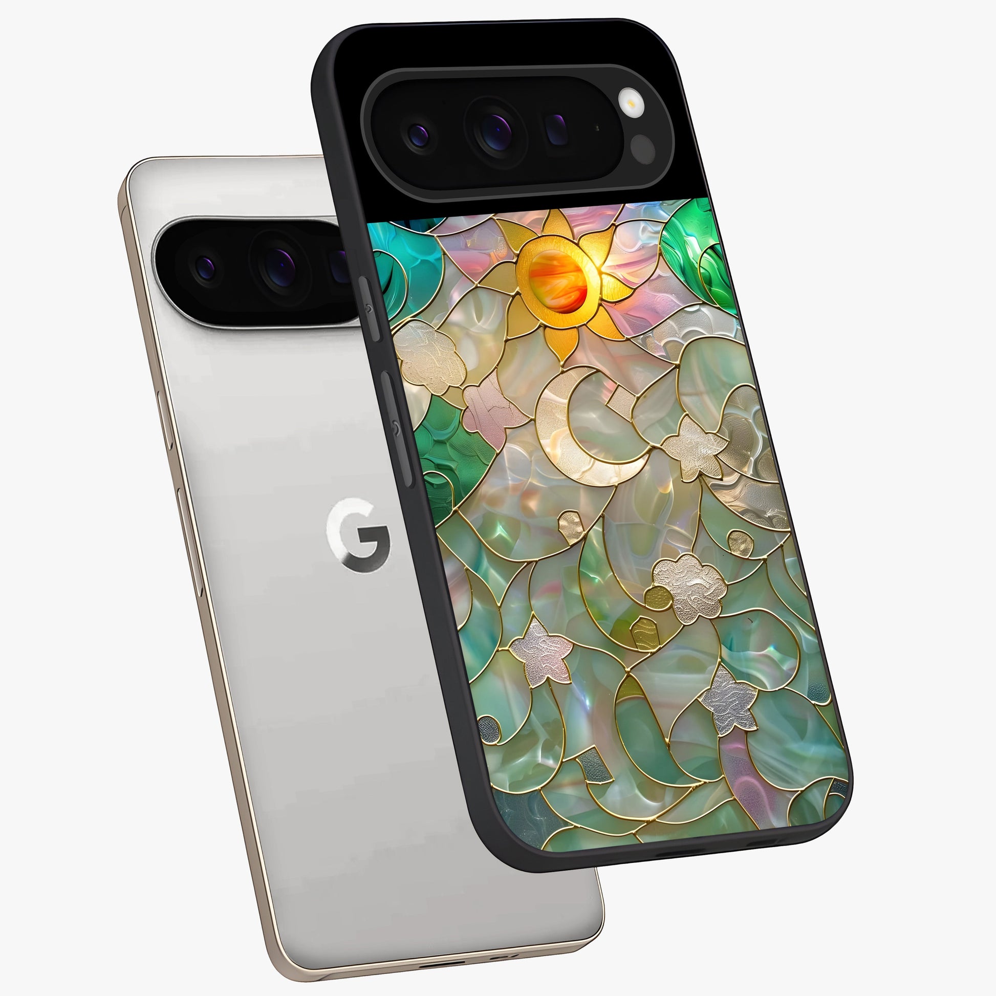Stained Sunrise Glow Glass Case displayed in angled mockup highlighting radiant sunrise design with artistic aesthetic style.