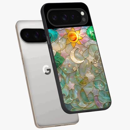 Stained Sunrise Glow Glass Case displayed in angled mockup highlighting radiant sunrise design with artistic aesthetic style.