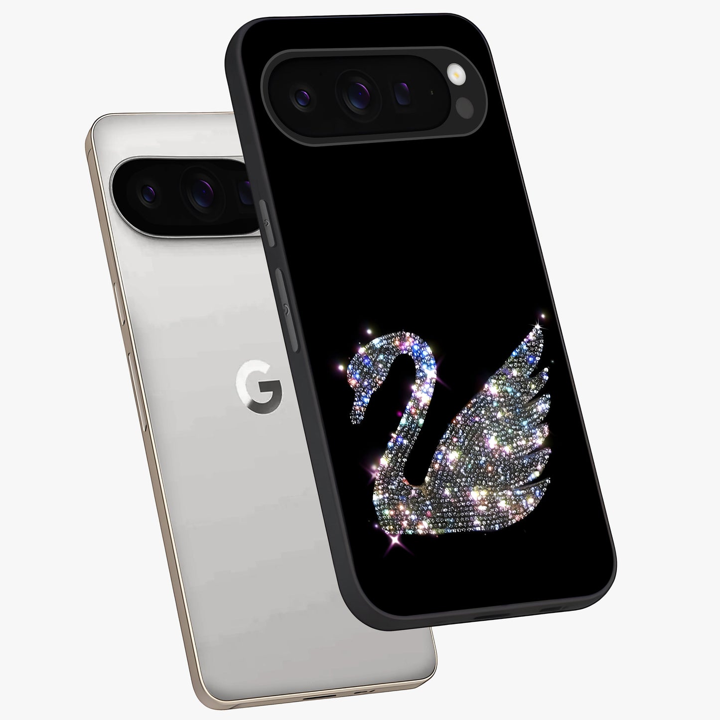 Starlit Swan Grace Glass Case displayed in angled mockup highlighting elegant swan illustration with dreamy celestial aesthetic.
