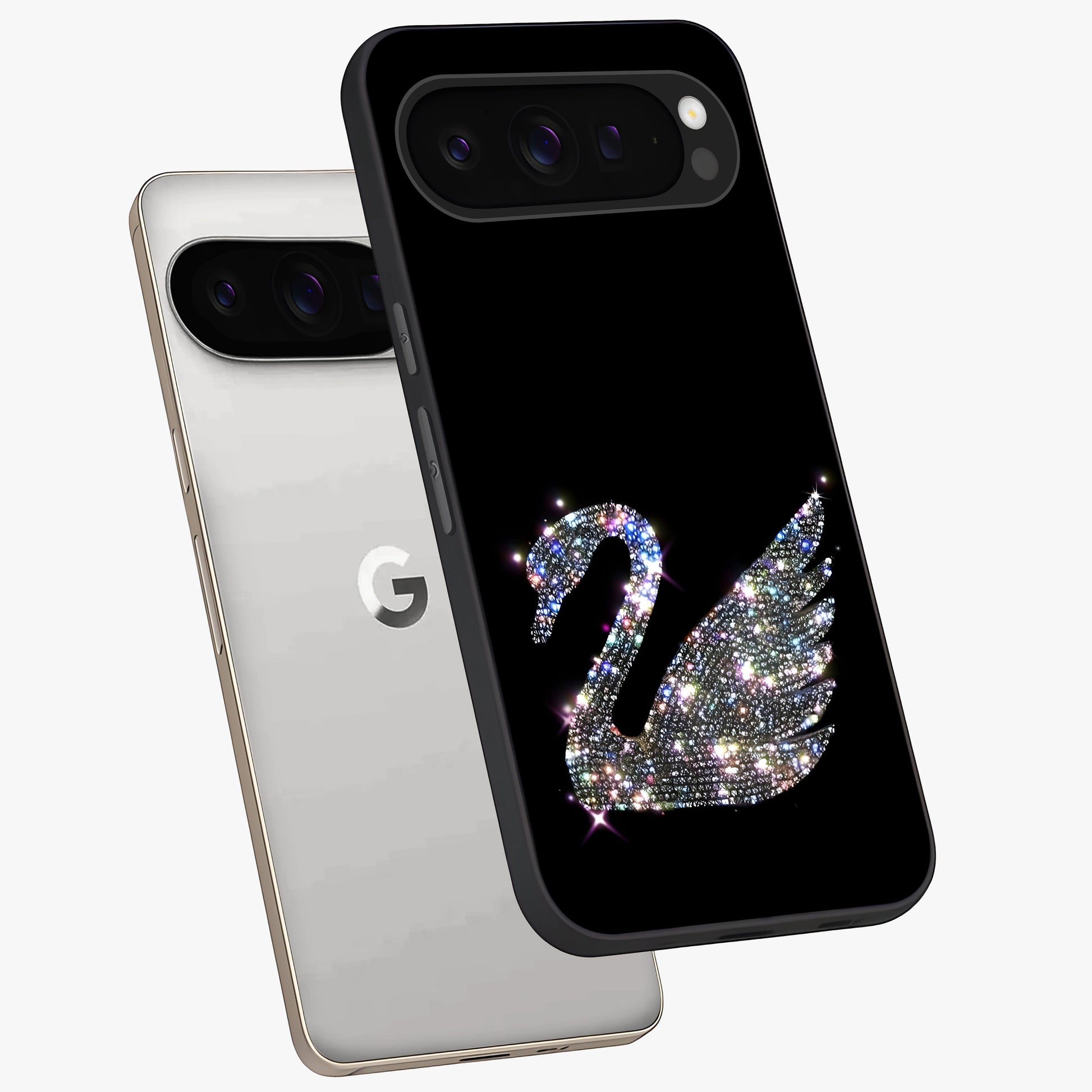 Starlit Swan Grace Glass Case displayed in angled mockup highlighting elegant swan illustration with dreamy celestial aesthetic.