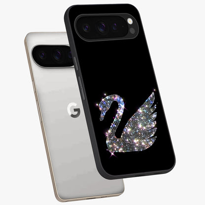 Starlit Swan Grace Glass Case displayed in angled mockup highlighting elegant swan illustration with dreamy celestial aesthetic.