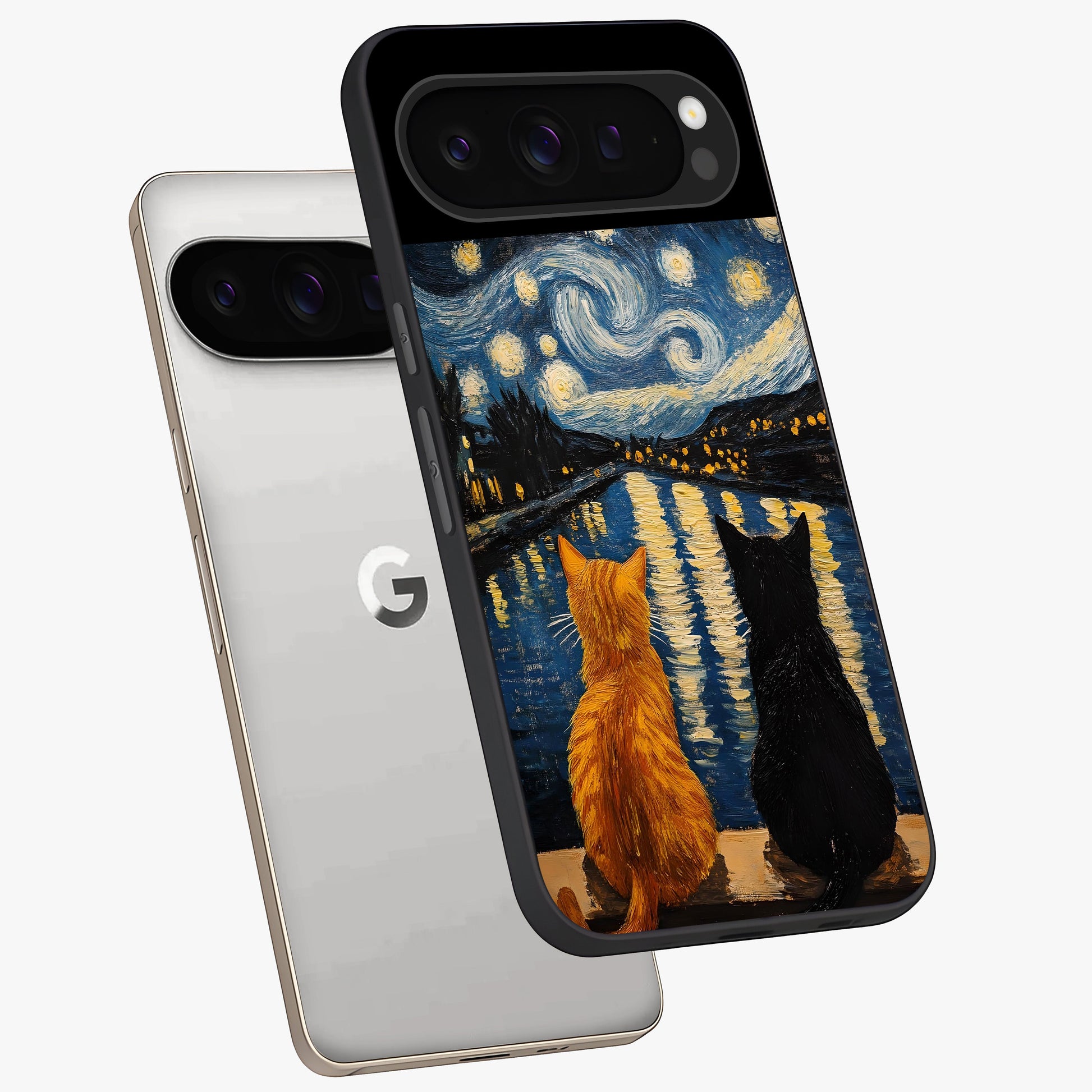 Starry River Cats Glass Case displayed in angled mockup highlighting charming feline illustration with dreamy night aesthetic.