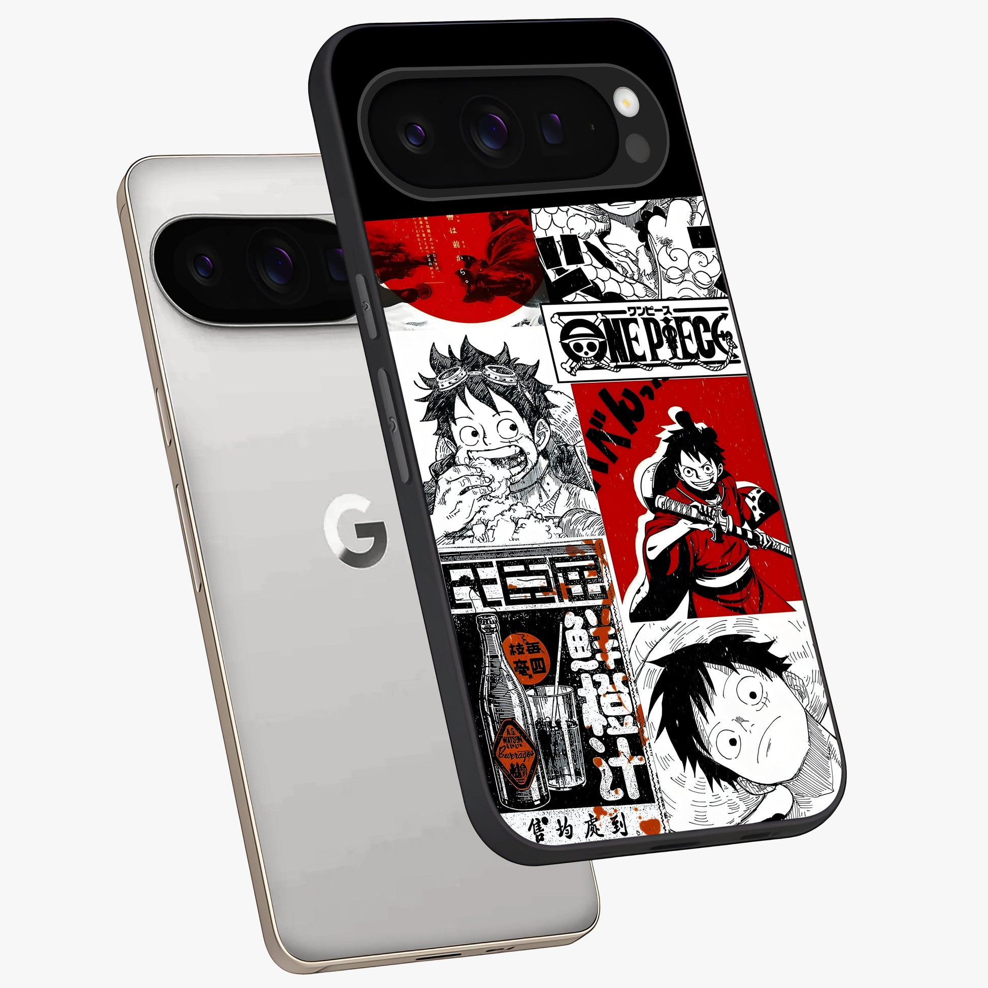Strawhat Chaos Panels Glass Case displayed in angled mockup highlighting vibrant anime collage design with action aesthetic.