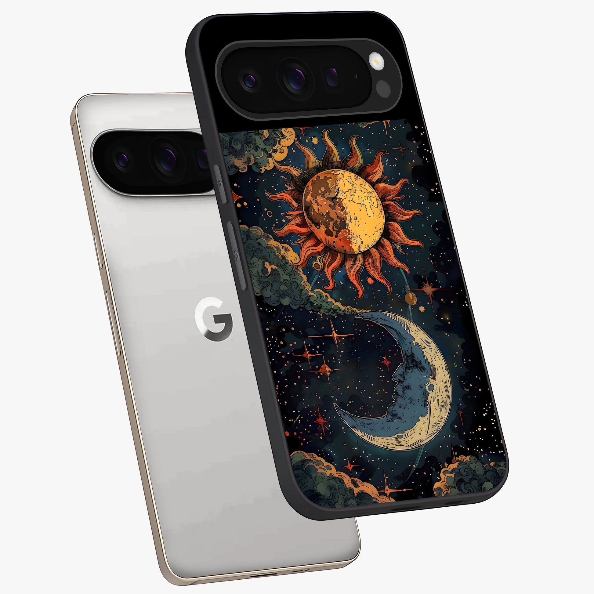 Sun And Moon Magic Design Glass Case displayed in angled mockup highlighting celestial design with magical cosmic aesthetic.
