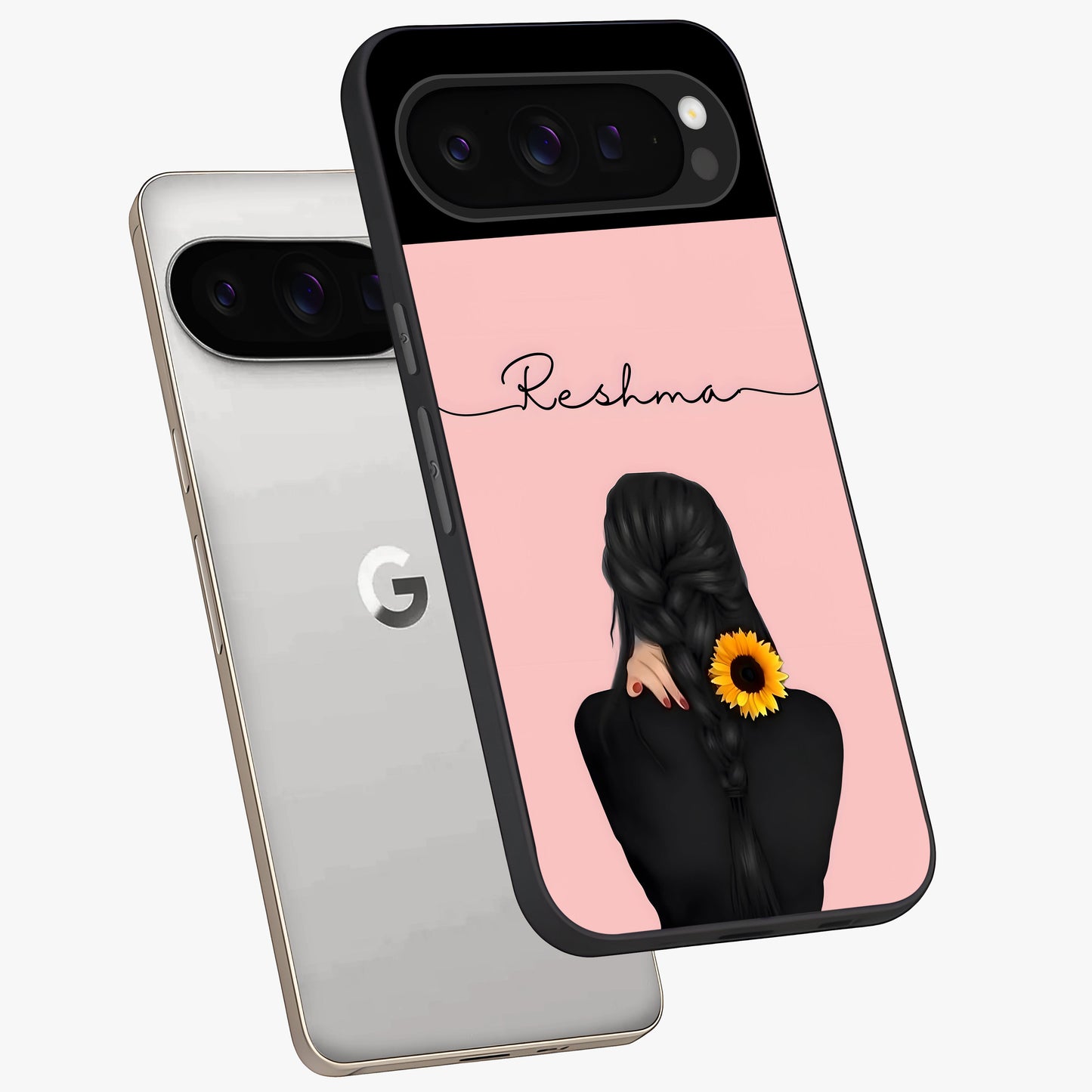 Sunflower Braid Beauty With Custom Name Glass Case displayed in angled mockup highlighting elegant sunflower design with custom name feature.