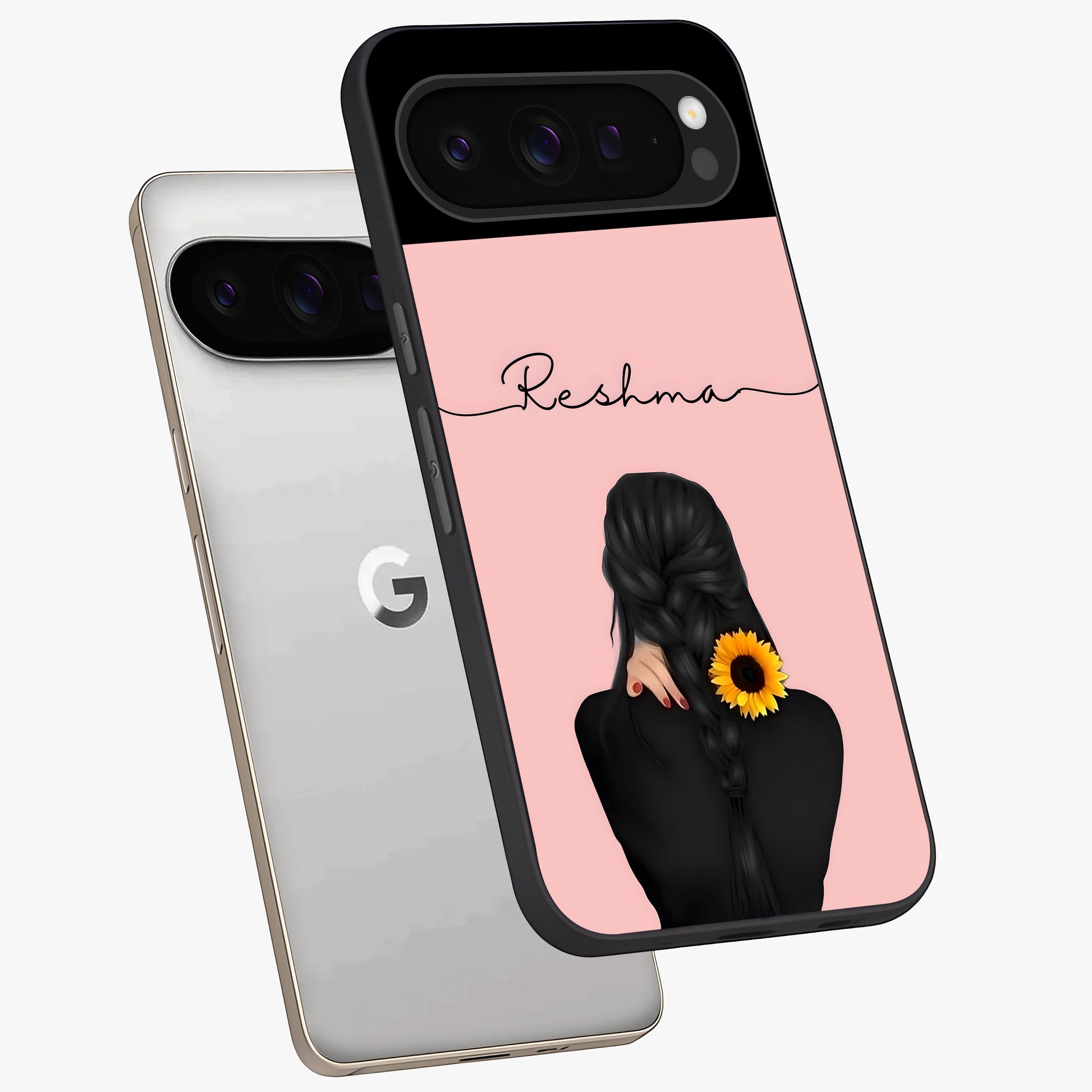 Sunflower Braid Beauty With Custom Name Glass Case displayed in angled mockup highlighting elegant sunflower design with custom name feature.