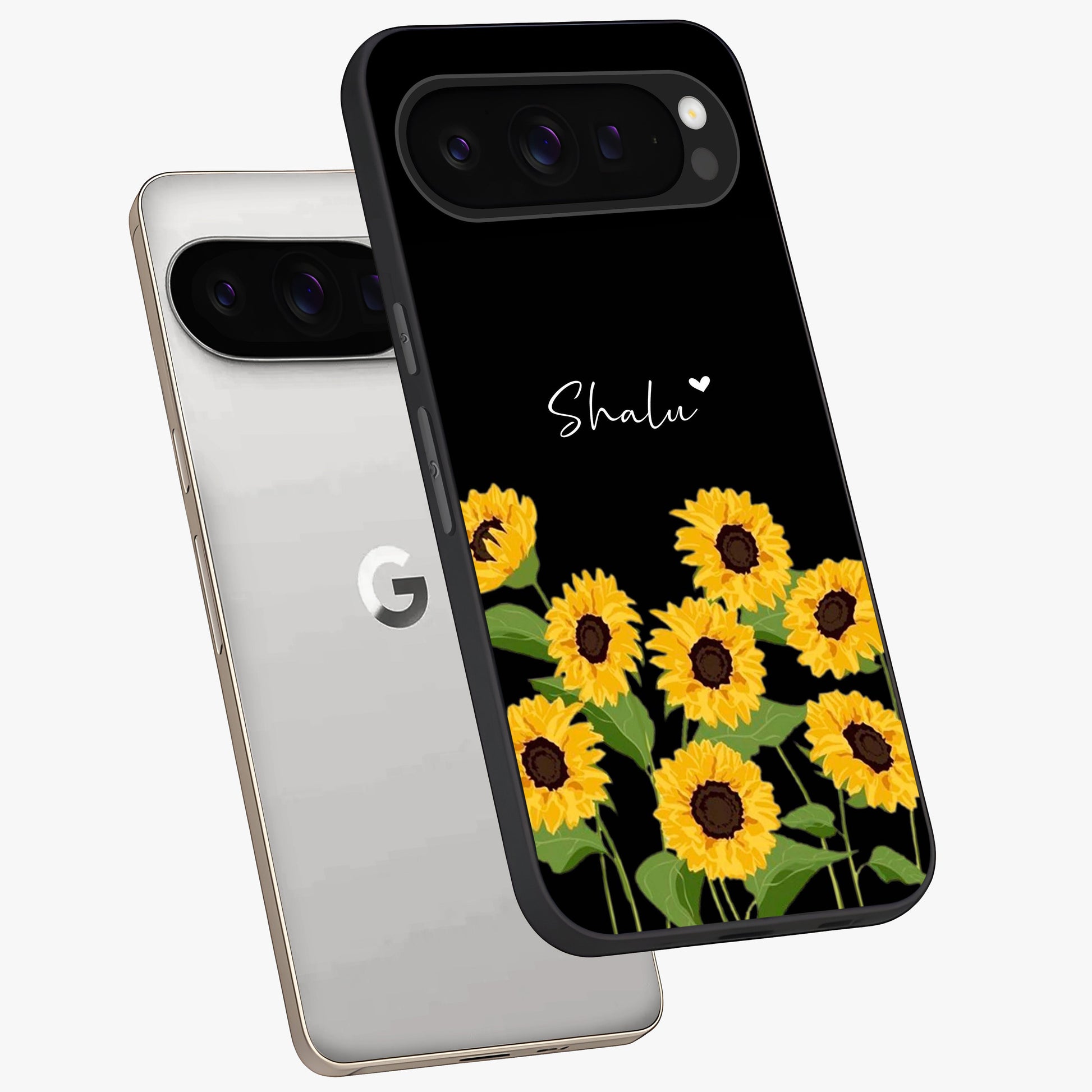 Sunflower Chic Mood Custom Name Glass Case displayed in angled mockup highlighting vibrant sunflower design with custom name feature.