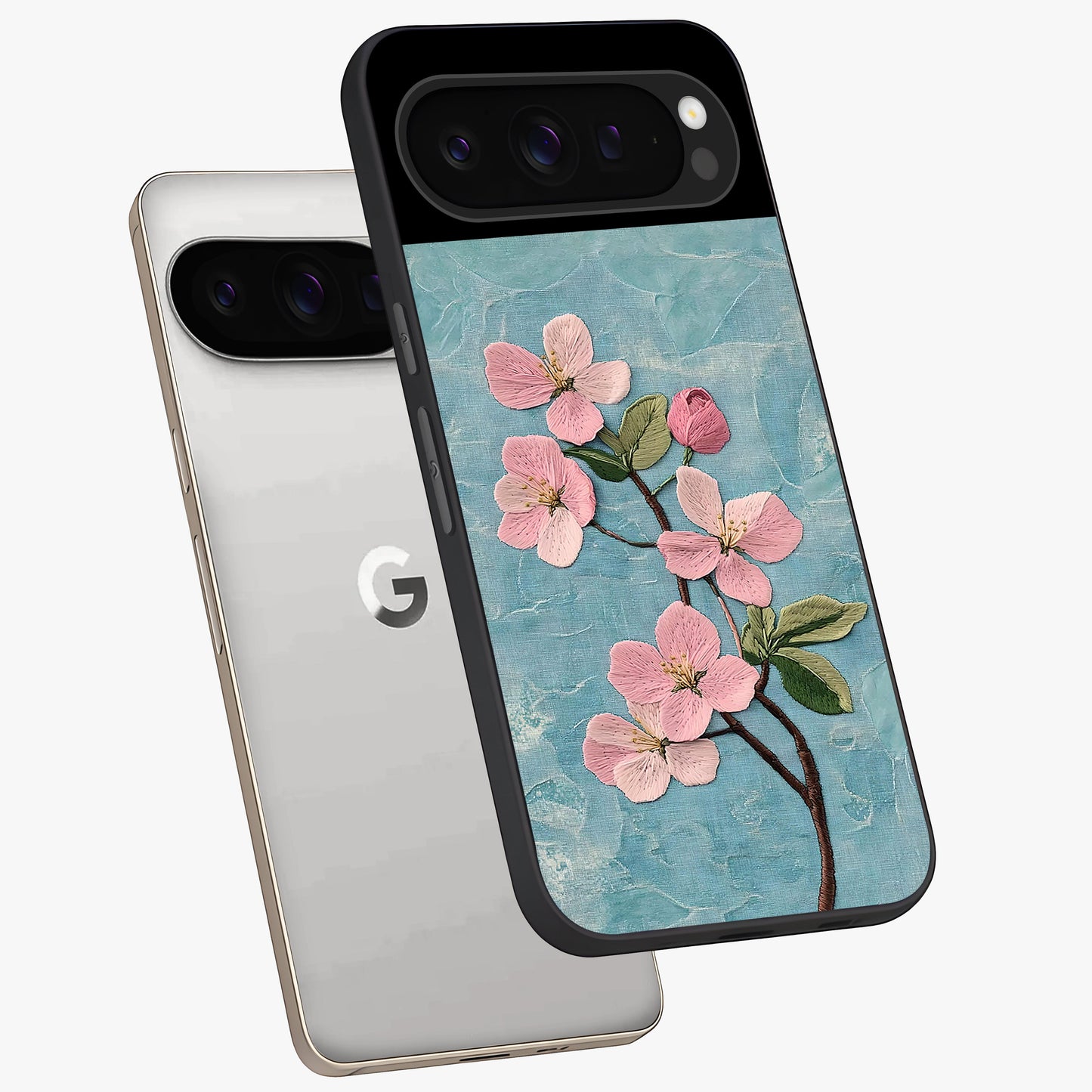 Threaded Blossom Breeze Glass Case displayed in angled mockup highlighting elegant floral design with soft aesthetic style.