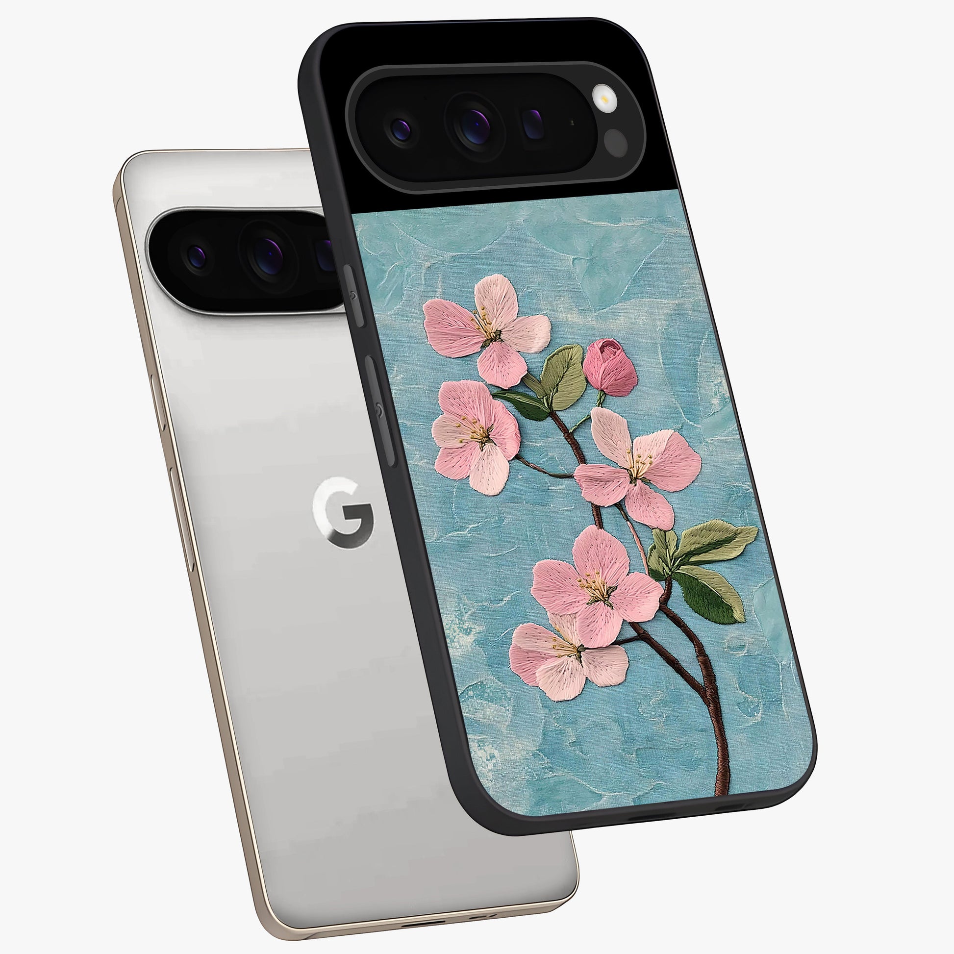 Threaded Blossom Breeze Glass Case displayed in angled mockup highlighting elegant floral design with soft aesthetic style.