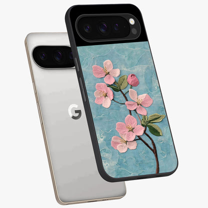 Threaded Blossom Breeze Glass Case displayed in angled mockup highlighting elegant floral design with soft aesthetic style.