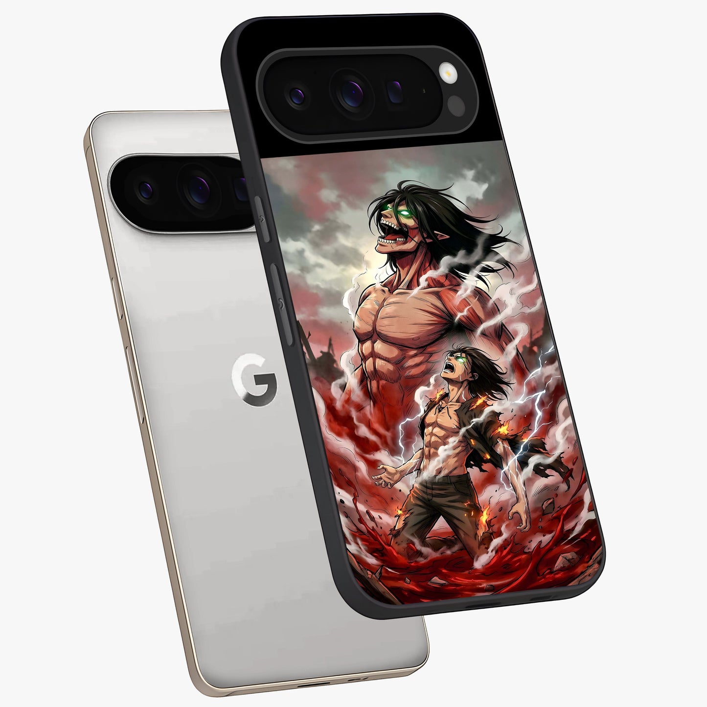 Titan Awakening Fury Glass Case displayed in angled mockup highlighting dramatic giant warrior design with bold anime aesthetic.