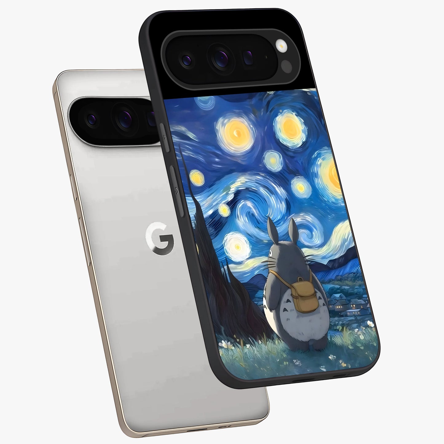 Totoro In Van Gogh Art Glass Case displayed in angled mockup highlighting artistic swirling sky design with playful animation aesthetic.