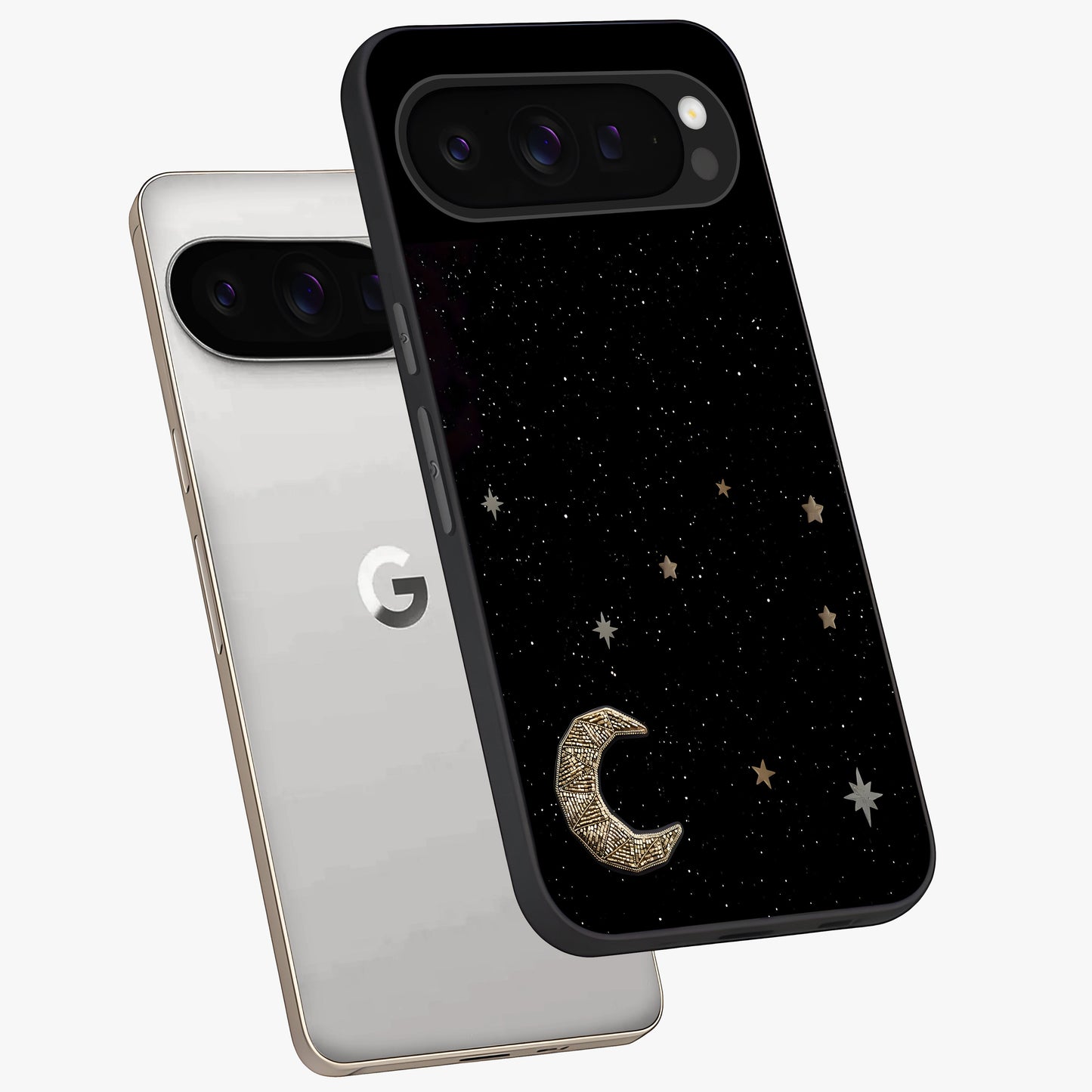 Twinkle Star With Half Moon Glass Case displayed in angled mockup highlighting celestial moon and star design with magical aesthetic.