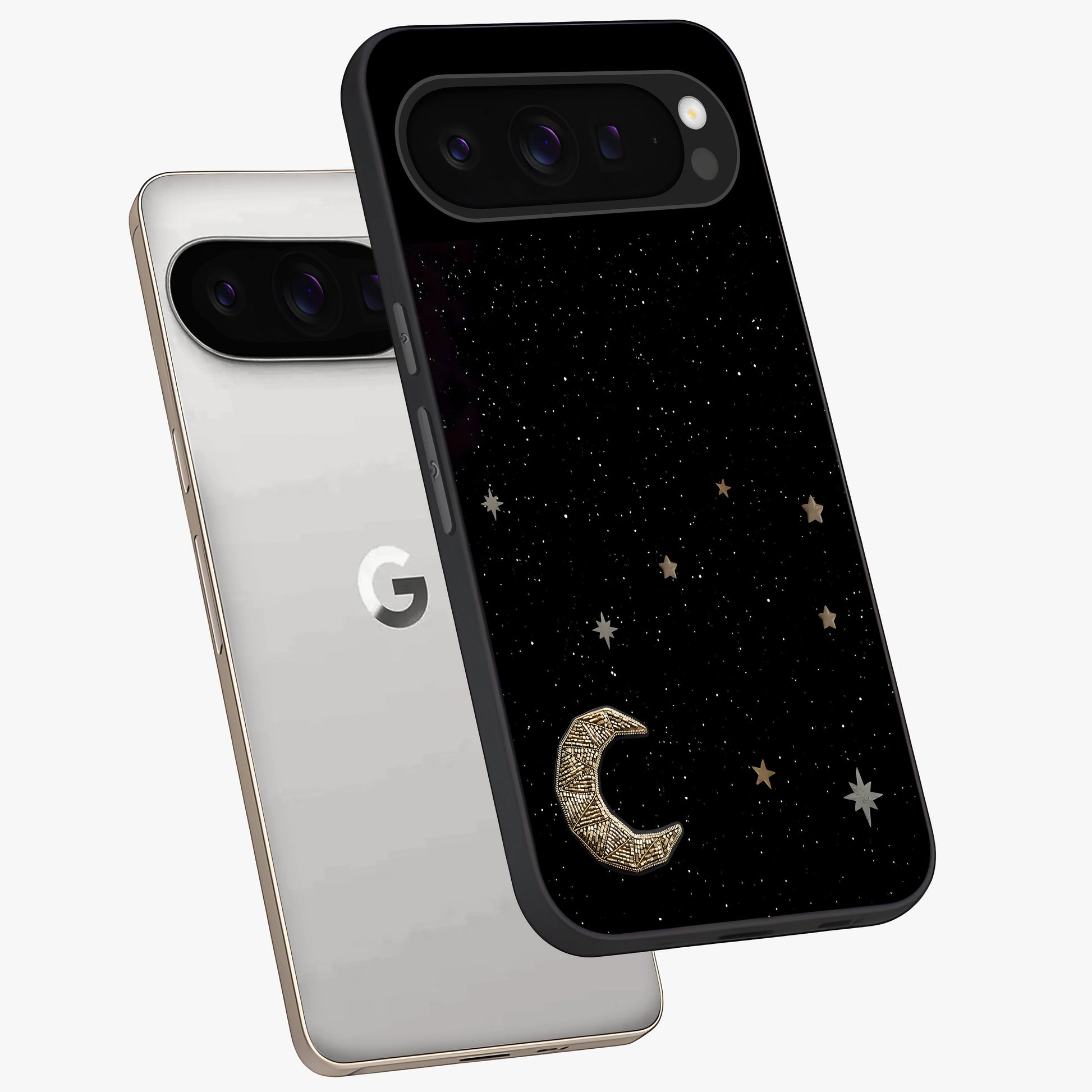 Twinkle Star With Half Moon Glass Case displayed in angled mockup highlighting celestial moon and star design with magical aesthetic.
