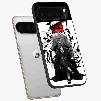 Uchiha Shadow Throne Glass Case displayed in angled mockup highlighting glowing aquatic design with celestial aesthetic.