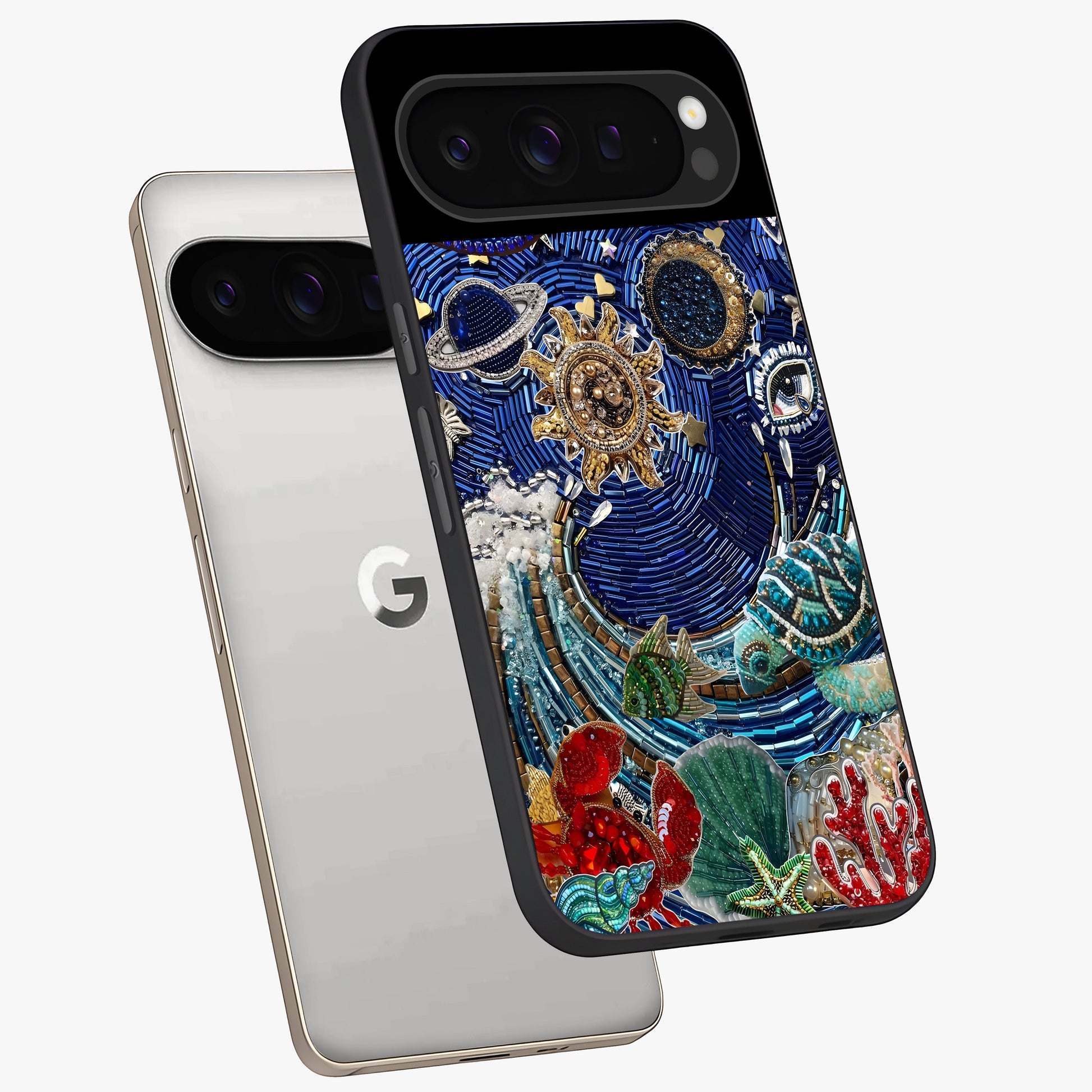 Universe Underwater Spark Glass Case displayed in angled mockup highlighting glowing aquatic design with celestial aesthetic.