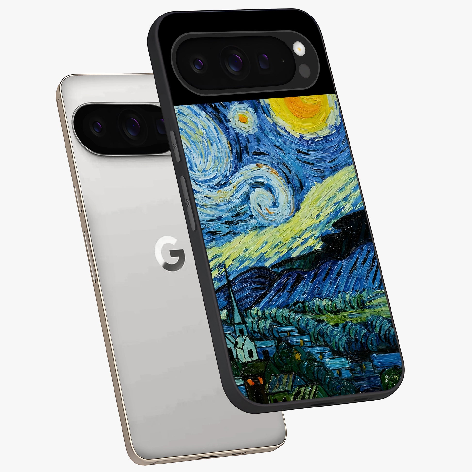 Van Gogh Art Glass Case displayed in angled mockup highlighting swirling brushstroke design with artistic aesthetic.