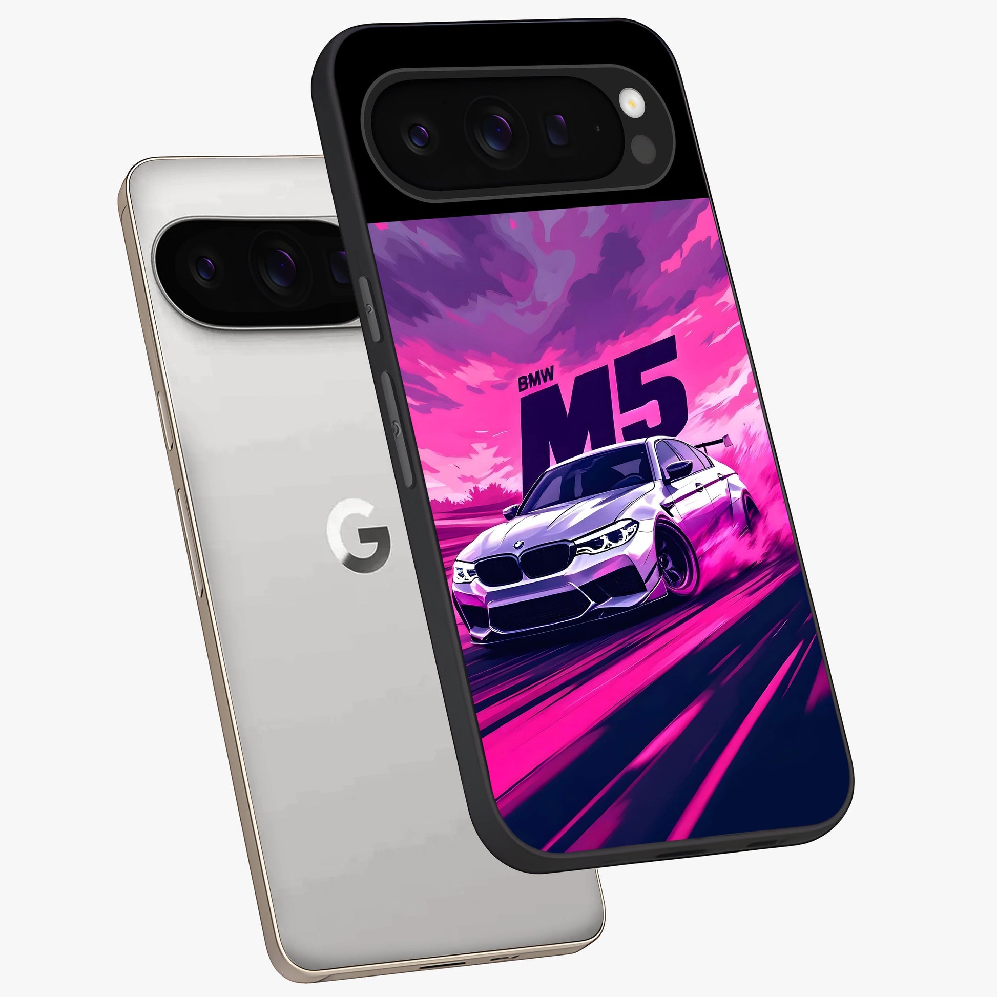 Velocity Drift Pulse Glass Case displayed in angled mockup highlighting dynamic drift design with sporty automotive aesthetic.