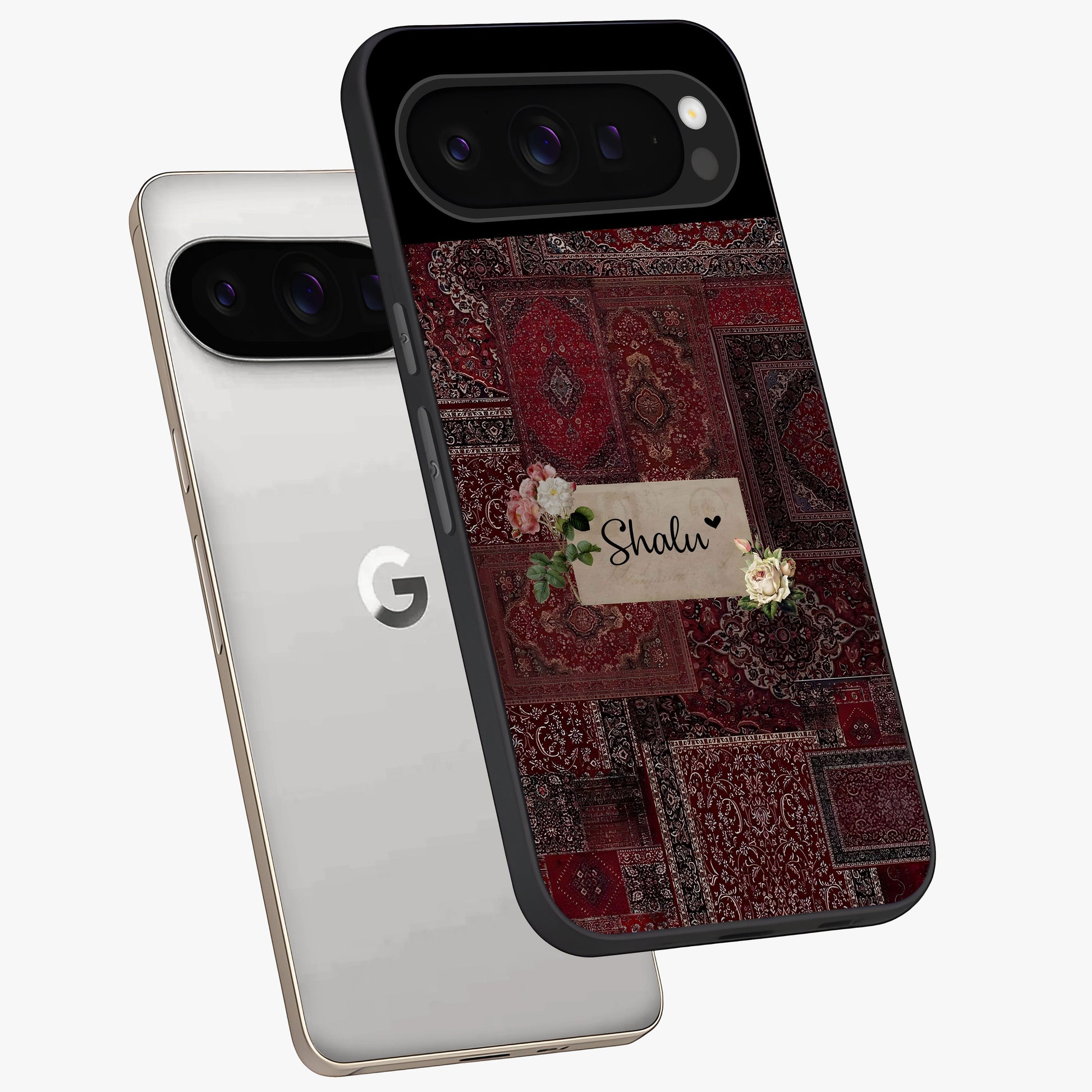 Velvet Wine Pattern Custom Name Glass Case displayed in angled mockup highlighting decorative velvet inspired design with custom name feature.