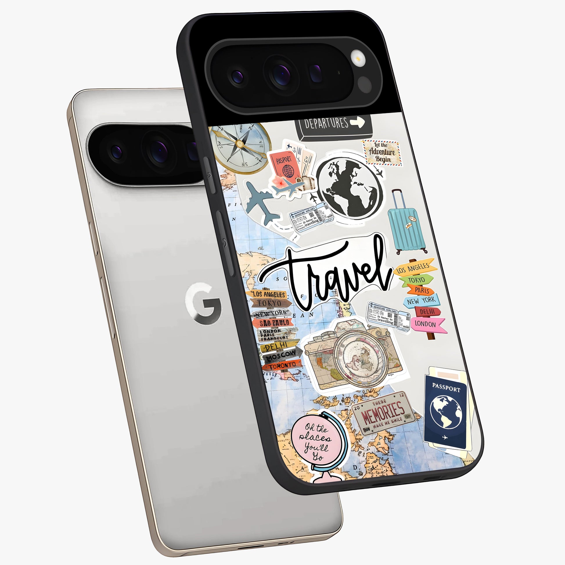 Wanderlust Journal Glass Case displayed in angled mockup highlighting adventure themed design with aesthetic travel vibe.