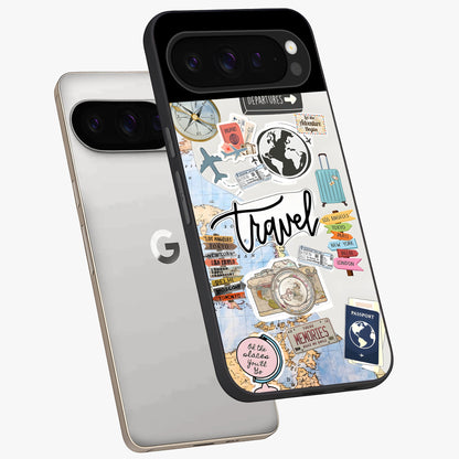 Wanderlust Journal Glass Case displayed in angled mockup highlighting adventure themed design with aesthetic travel vibe.