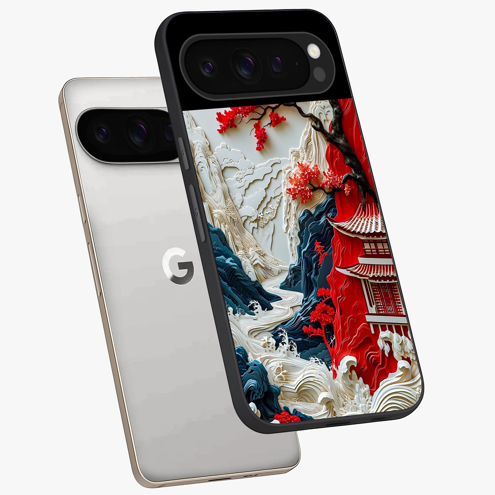 Whispers Of Sakura Waves Glass Case displayed in angled mockup highlighting flowing sakura design with soft floral aesthetic.