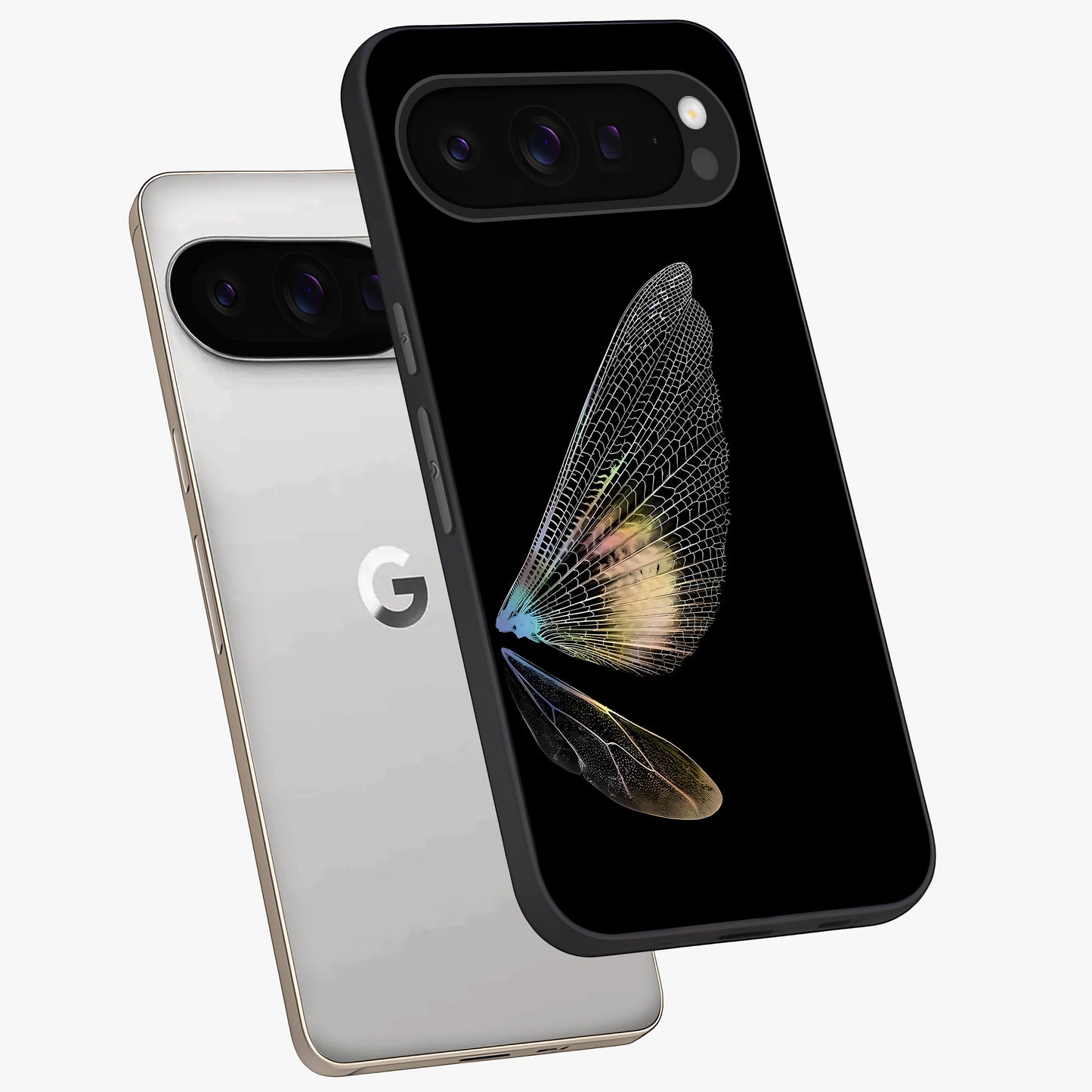 Whispers Of Wings Glass Case displayed in angled mockup highlighting soft feather design with celestial aesthetic style.