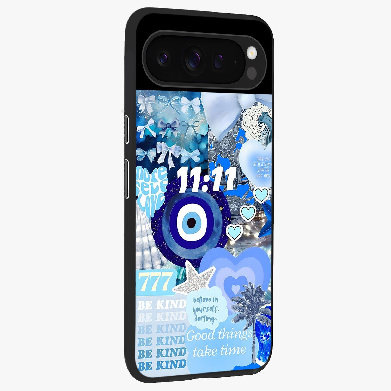 Aesthetic Be Kind Eye Glass Case upright view showcasing stylish eye illustration with positive message theme.