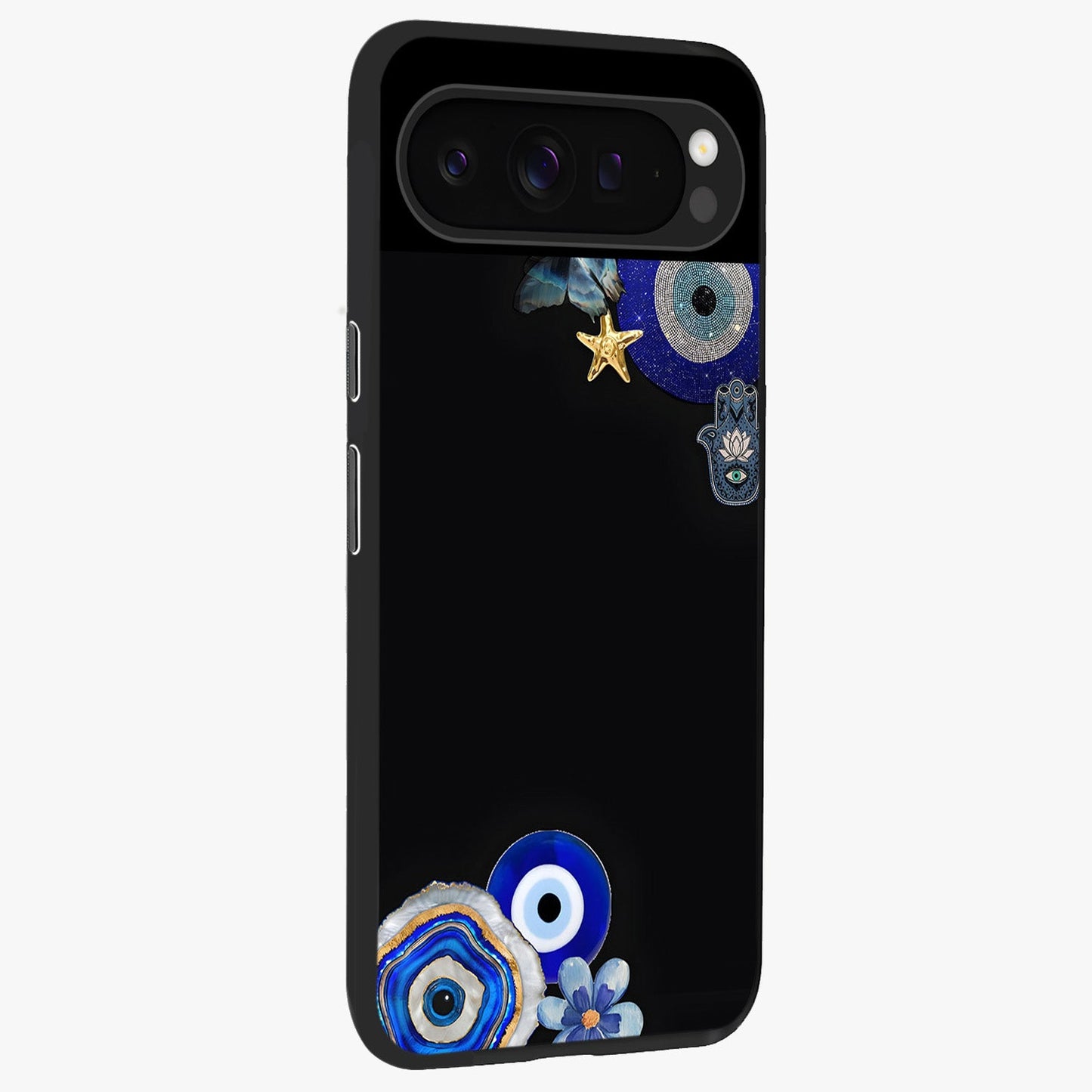 Aesthetic Blue Evil Eye Glass Case upright view showcasing mystical evil eye graphic with minimal aesthetic style.