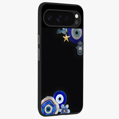 Aesthetic Blue Evil Eye Glass Case upright view showcasing mystical evil eye graphic with minimal aesthetic style.