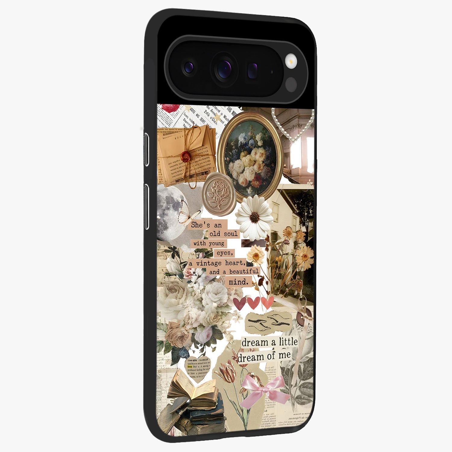 Aesthetic Brown Vintage Collage Glass Case upright view showcasing nostalgic retro artwork with stylish vintage theme.