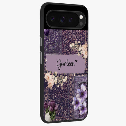 Antique Floral Whisper Custom Name Glass Case upright view showcasing delicate floral artwork with custom name feature.