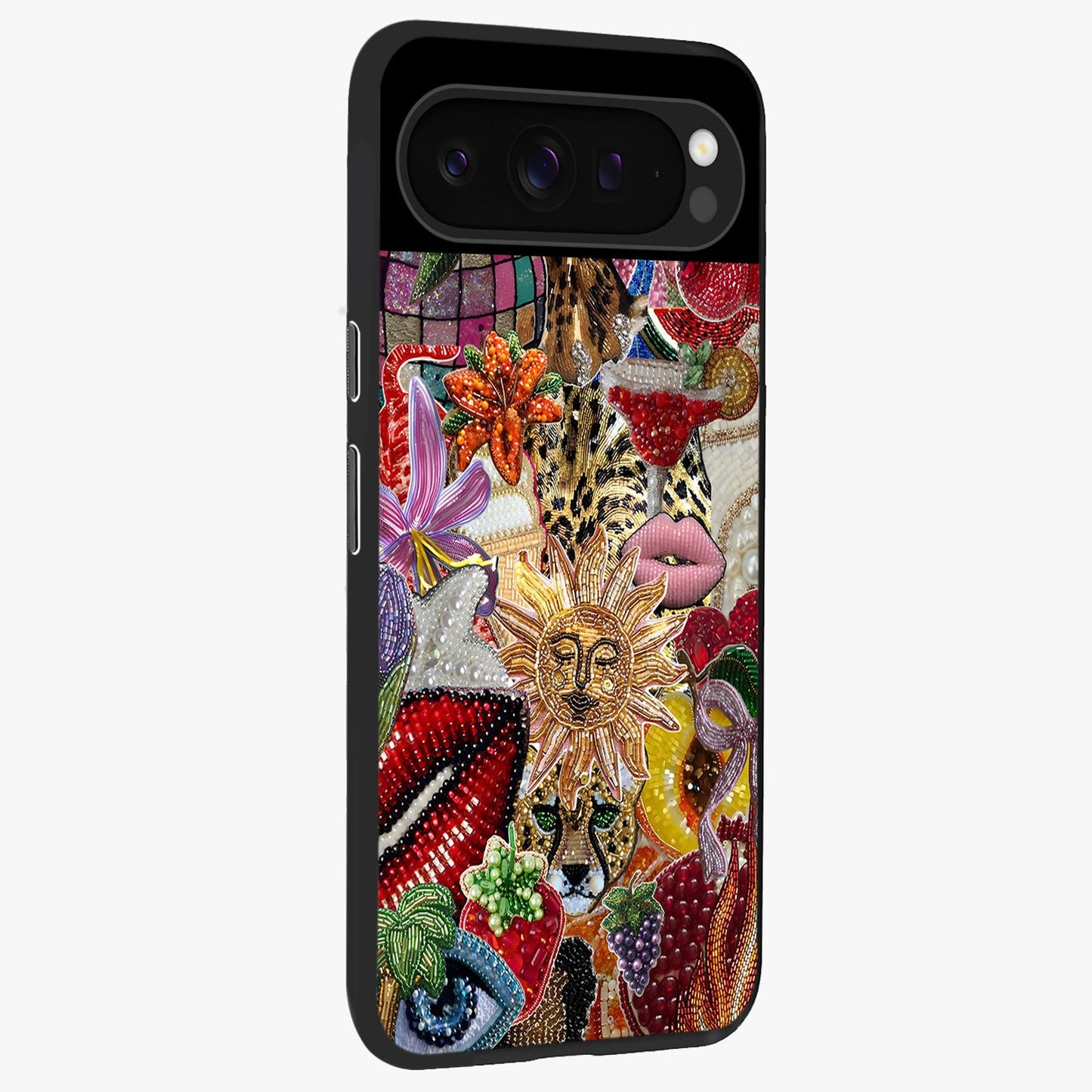 Beaded Fashion Jungle Glass Case upright view showcasing tropical jungle aesthetic with decorative bead elements.