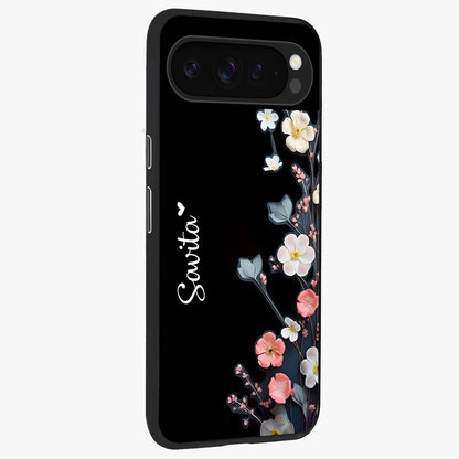 Black Elegance Floral Custom Name Glass Case upright view showcasing luxurious black floral design with personalized name detail.