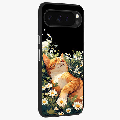 Blissful Bloom Cat Glass Case upright view showcasing charming cat design surrounded by blooming floral elements.