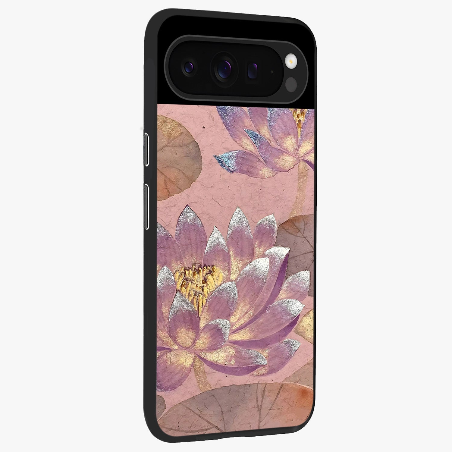 Blossom Mist Lotus Glass Case upright view showcasing graceful lotus flower design with peaceful botanical style.