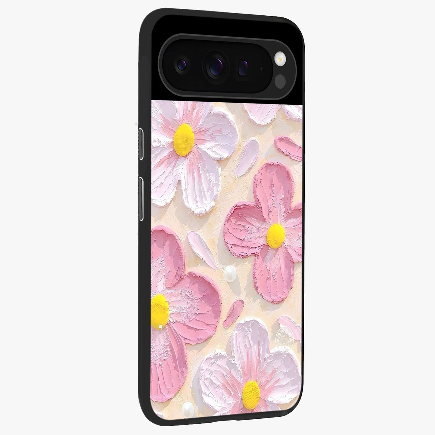 Blush Bloom Texture Glass Case upright view showcasing delicate blush floral texture with modern minimal style.