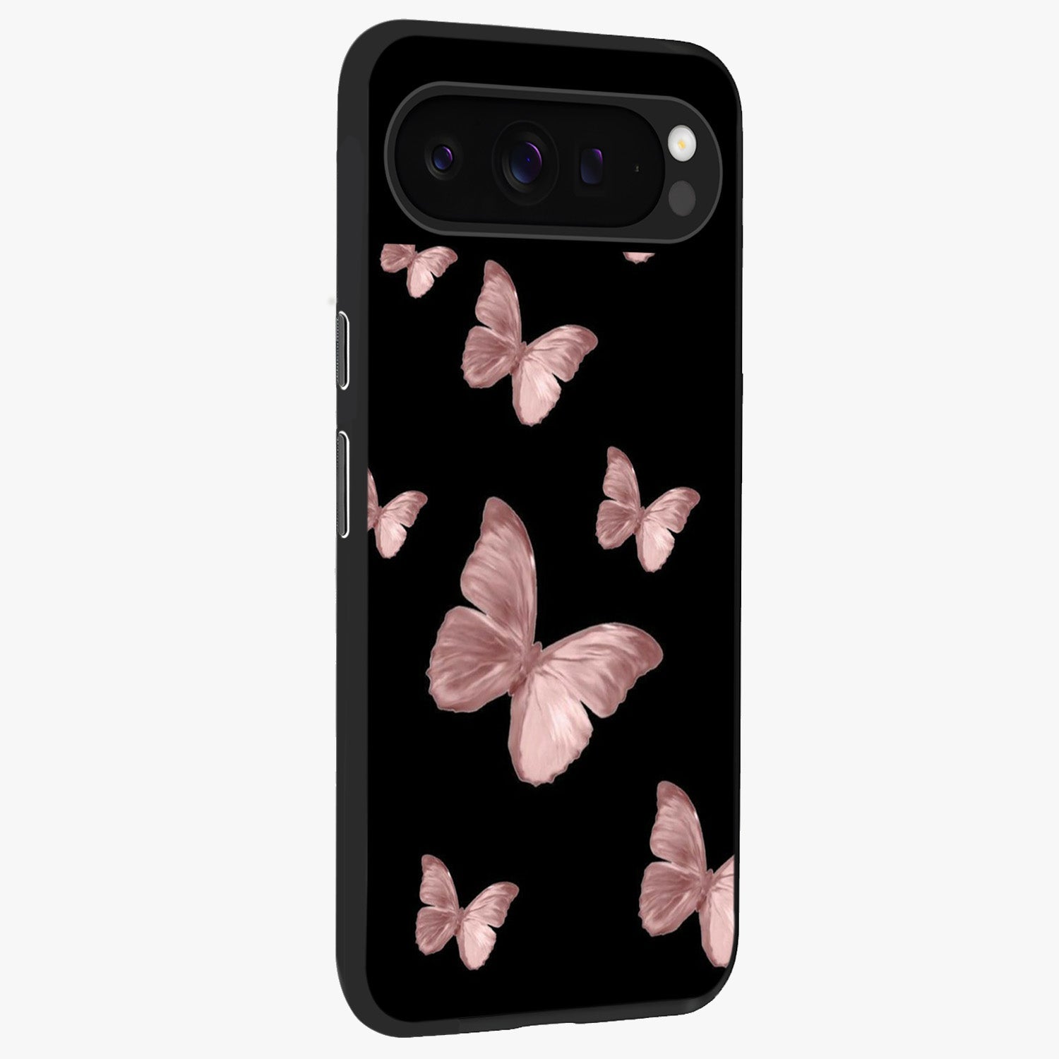 Butterfly Pattern Glass Case upright view showcasing graceful butterfly artwork with soft decorative theme.