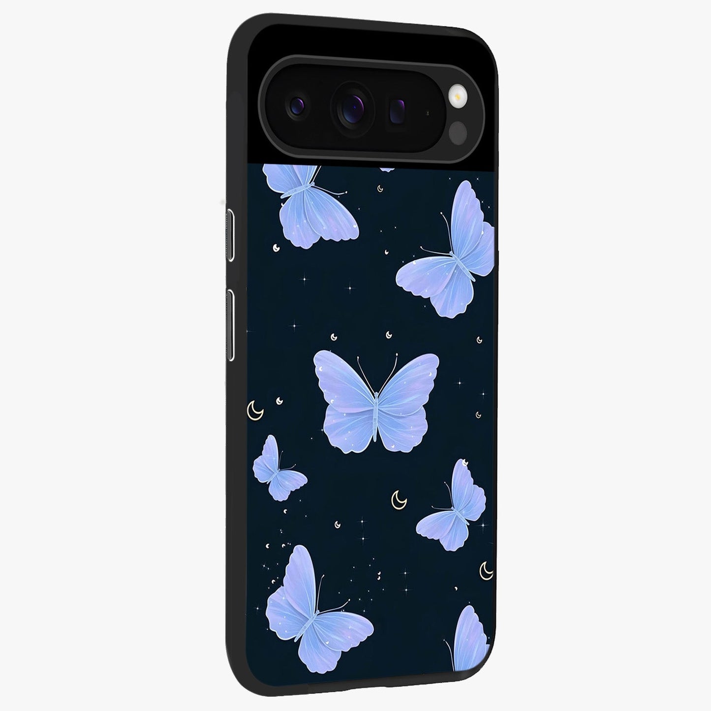 Butterfly With Stars Pattern Glass Case upright view showcasing celestial butterfly artwork with sparkling star elements.