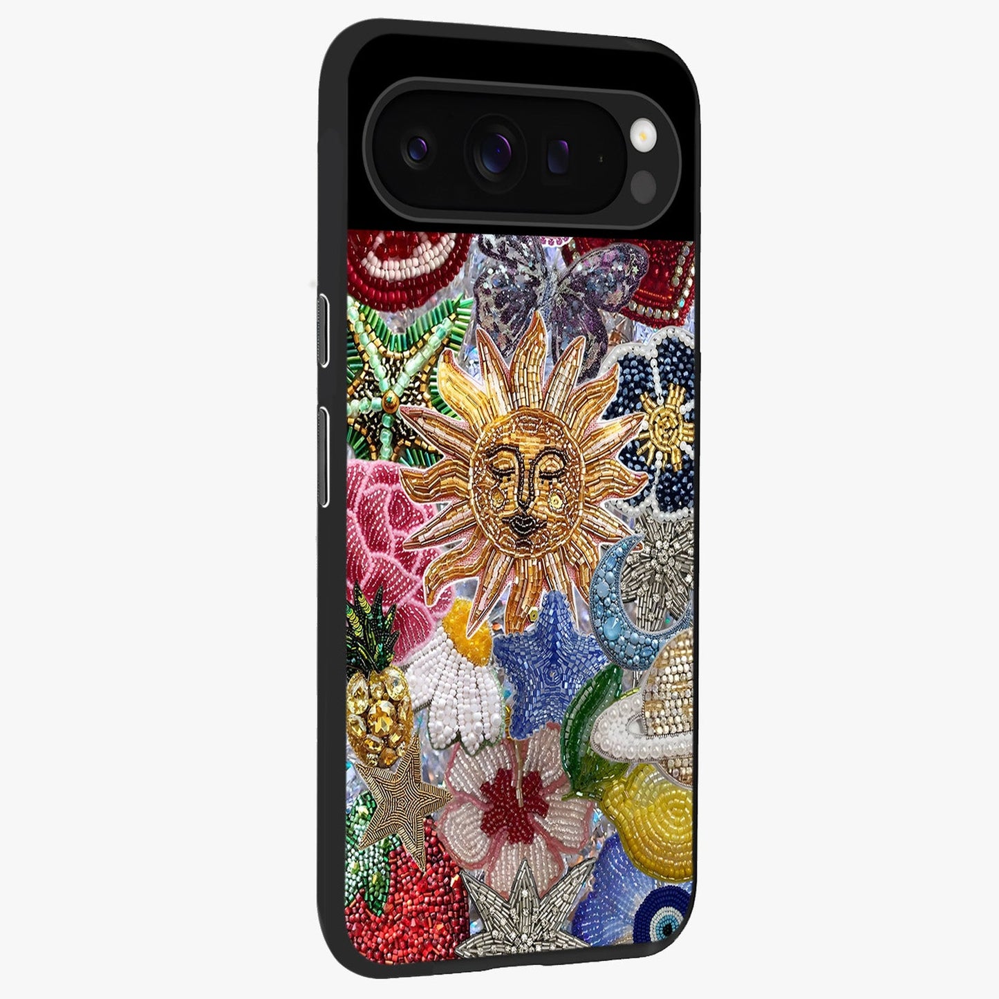 Celestial Floral and Playful Glass Case upright view showcasing whimsical floral artwork with cosmic aesthetic theme.