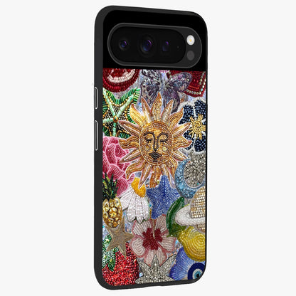 Celestial Floral and Playful Glass Case upright view showcasing whimsical floral artwork with cosmic aesthetic theme.