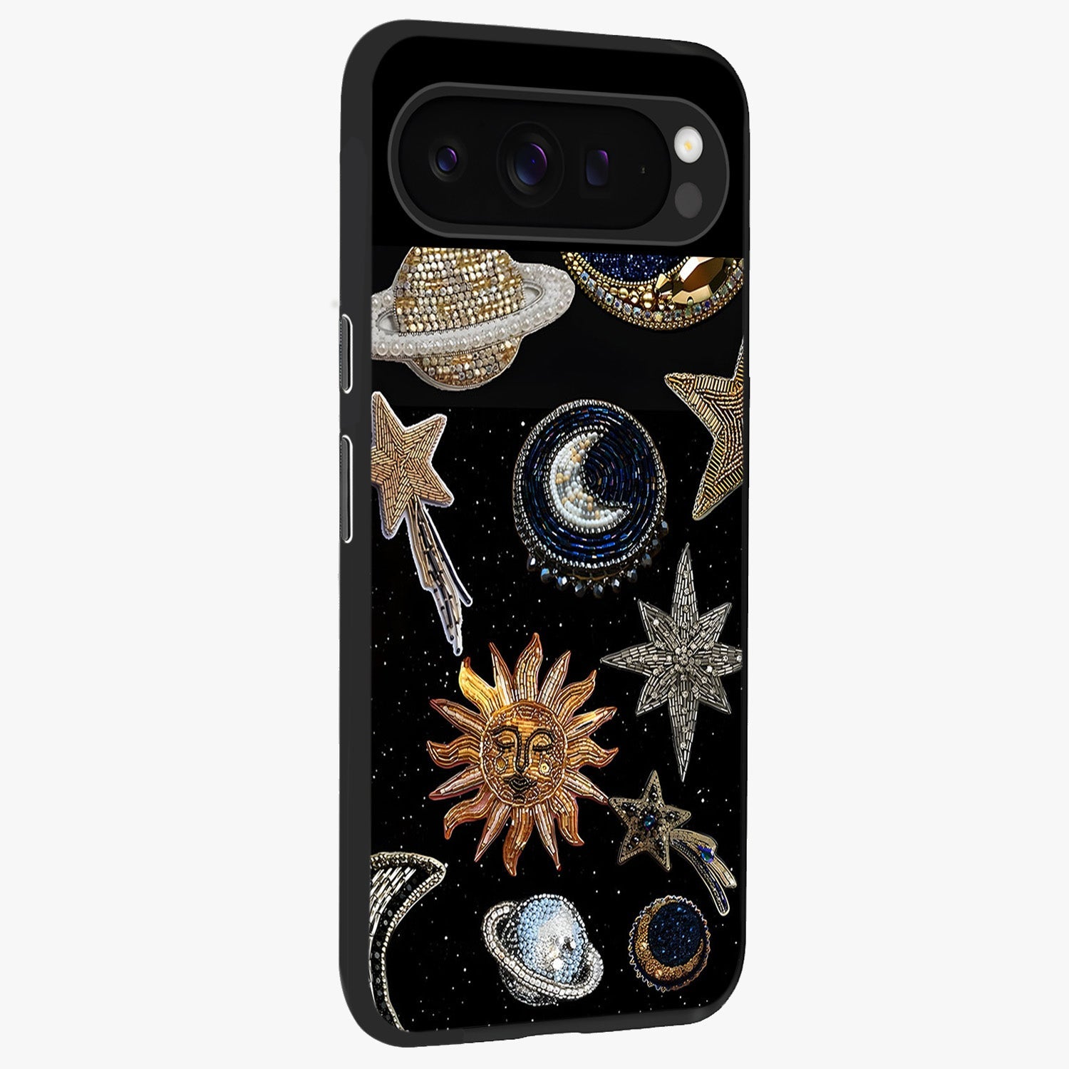 Celestial Gem Constellations Glass Case upright view showcasing cosmic constellation artwork with celestial aesthetic style.