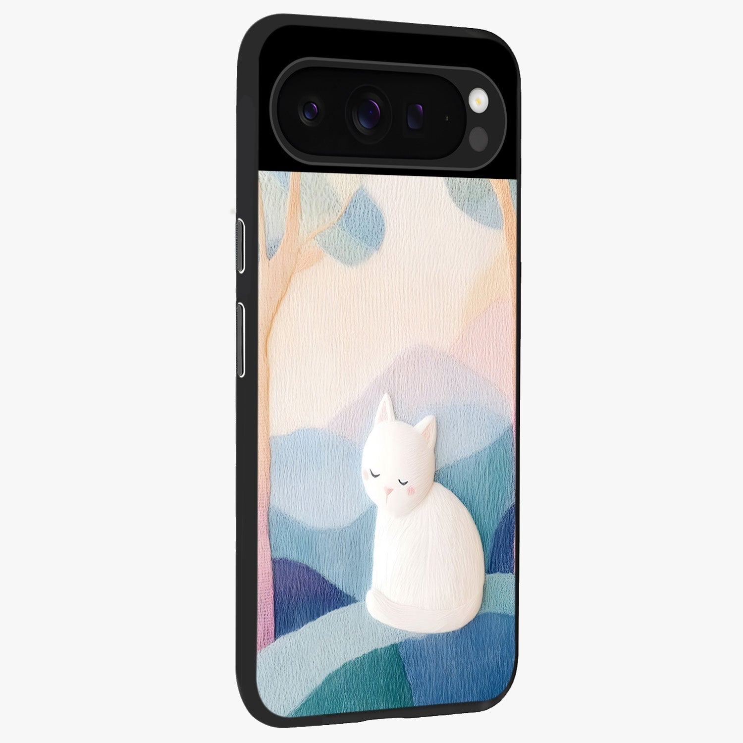 Cotton Dream Cat Glass Case upright view showcasing charming cat artwork with cozy dreamy theme.