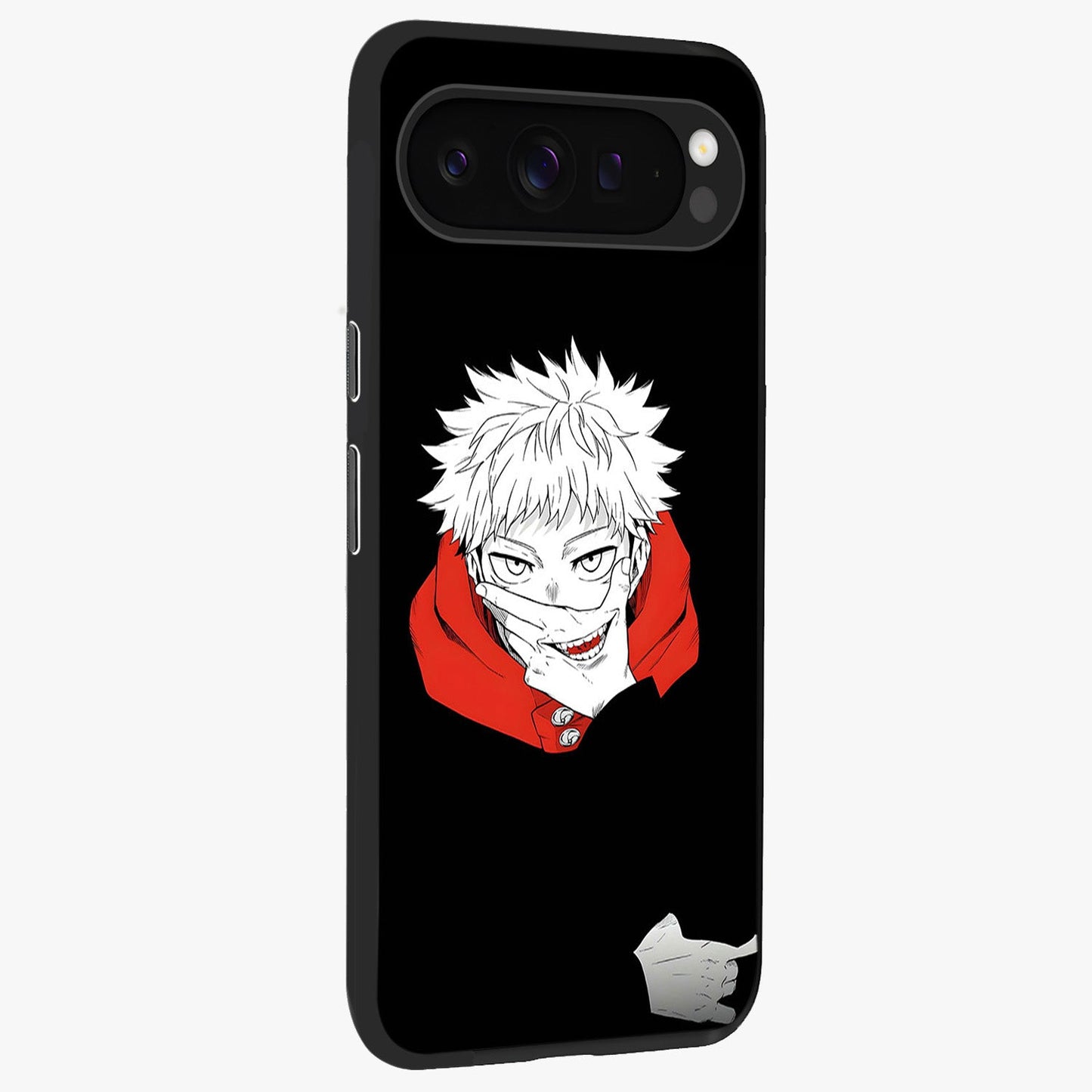 Crimson Chaos Smile Glass Case upright view showcasing expressive chaotic artwork with striking visual theme.