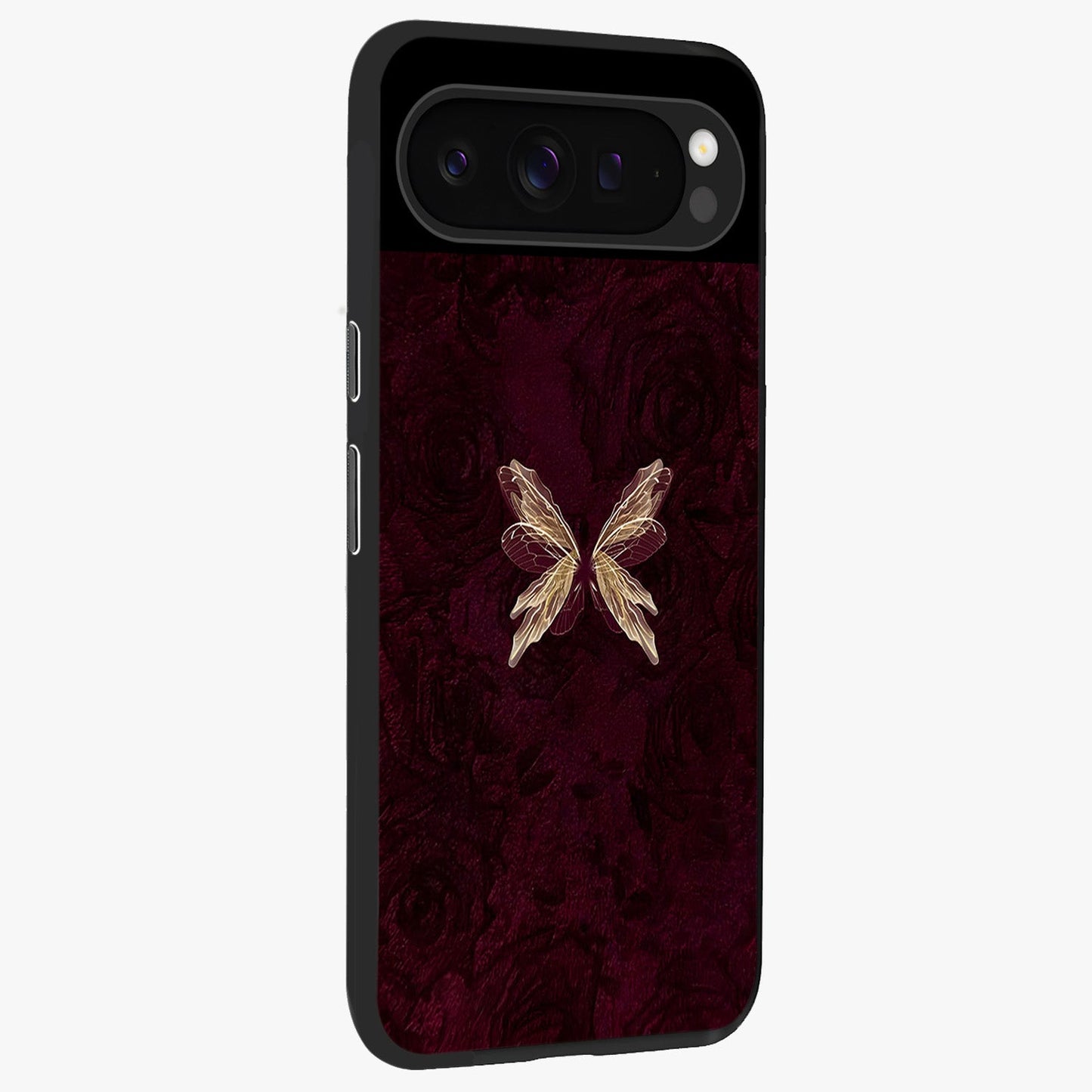 Crimson Fade Butterfly Glass Case upright view showcasing graceful butterfly artwork with soft crimson fade effect.