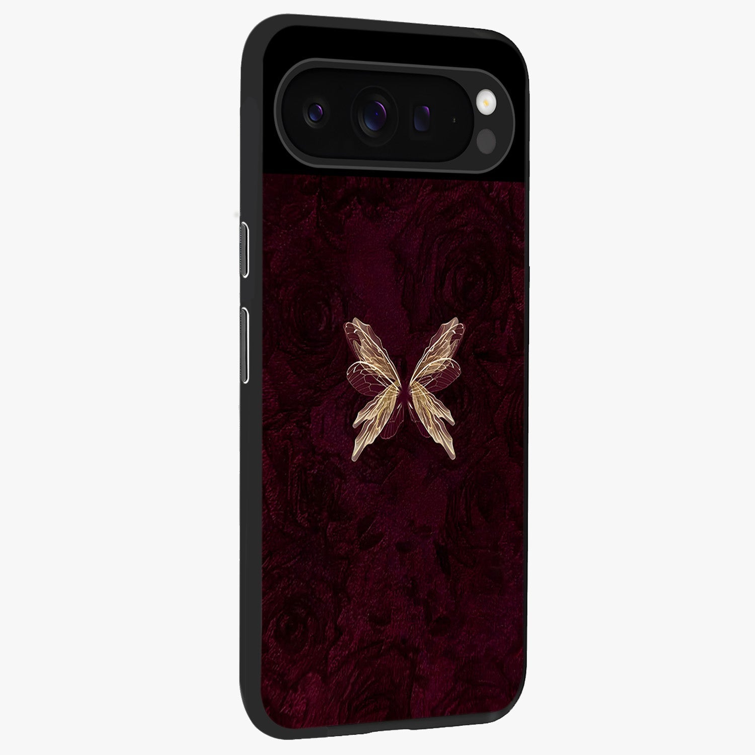 Crimson Fade Butterfly Glass Case upright view showcasing graceful butterfly artwork with soft crimson fade effect.