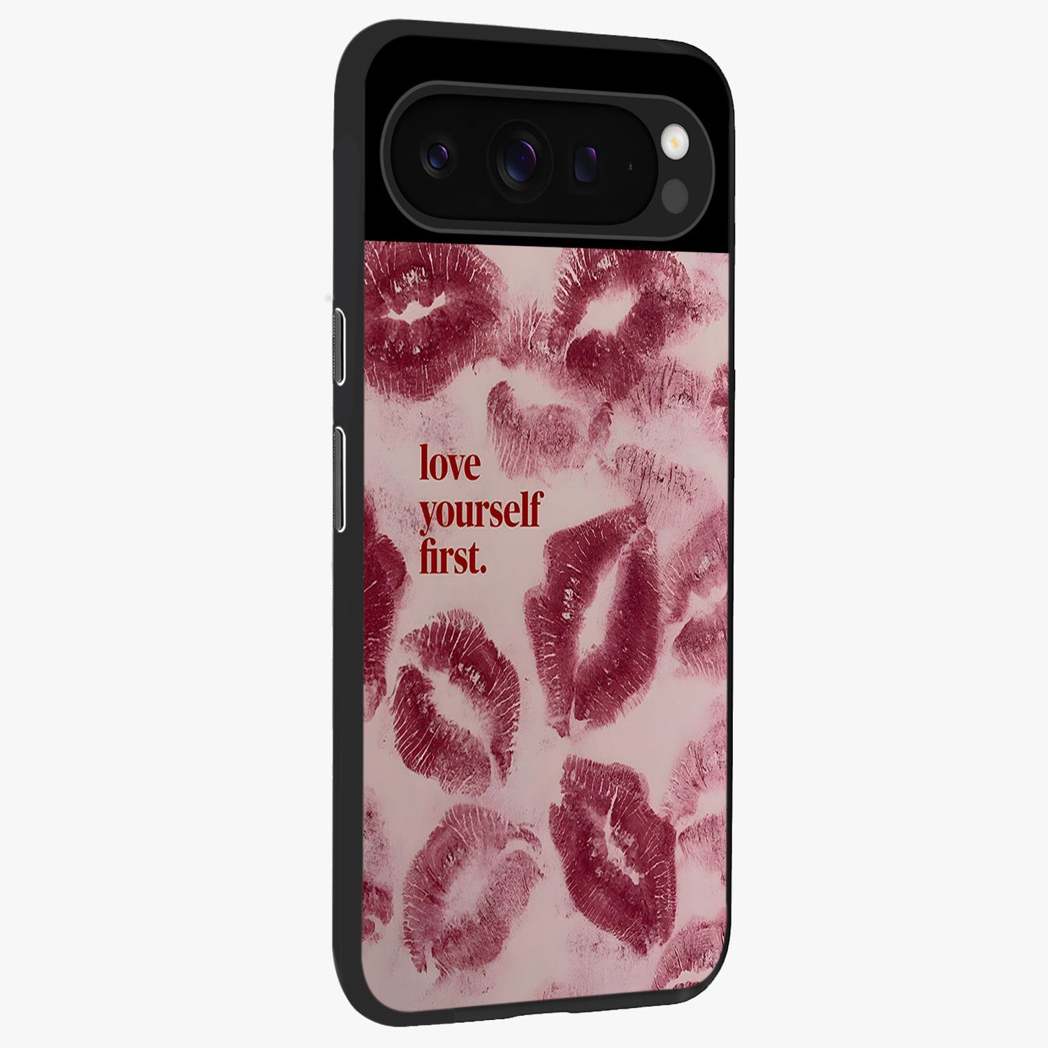Crimson Kiss Love Glass Case upright view showcasing expressive romantic artwork with deep crimson theme.