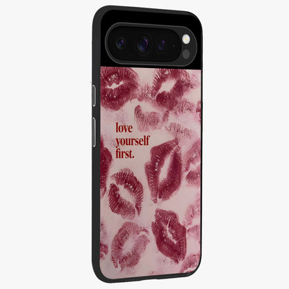 Crimson Kiss Love Glass Case upright view showcasing expressive romantic artwork with deep crimson theme.