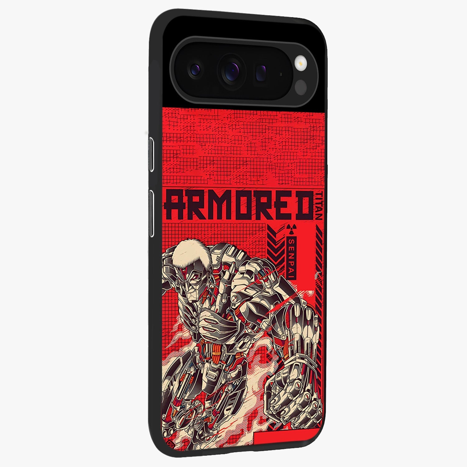 Crimson Mecha Titan Glass Case upright view showcasing dynamic robotic titan design with sci-fi inspired theme.