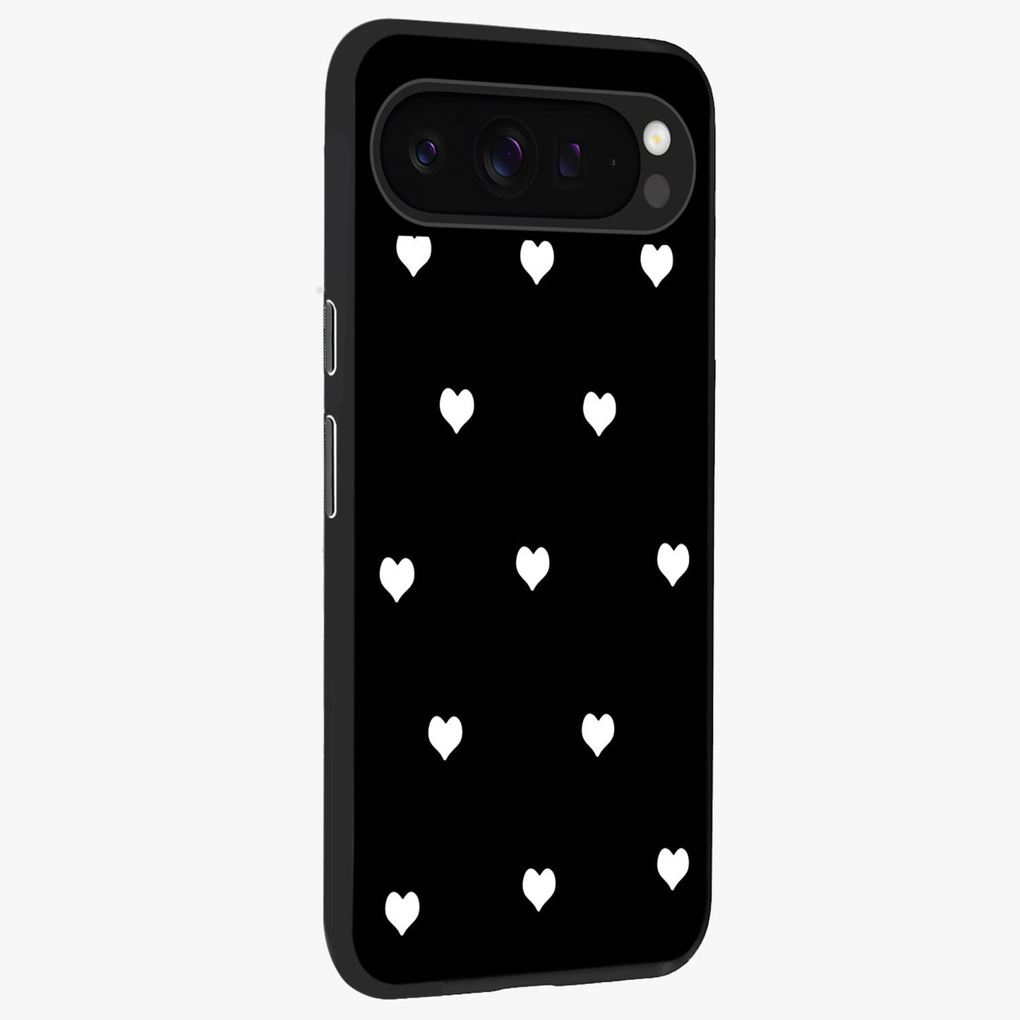 Cute And Simple White Hearts Glass Case upright view showcasing simple white hearts artwork with soft minimal theme.
